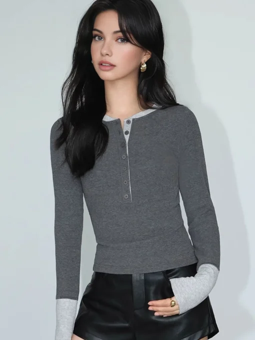 COMMENSE T-shirts|Tops^2 in 1 Color Block Jersey Top Grey