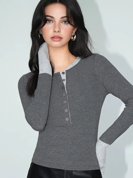 COMMENSE T-shirts|Tops^2 in 1 Color Block Jersey Top Grey