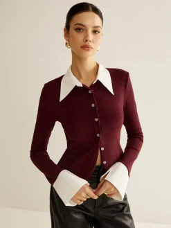 COMMENSE Blouses & Shirts|Tops^2 in 1 Contrast Binding Button Shirt Burgundy