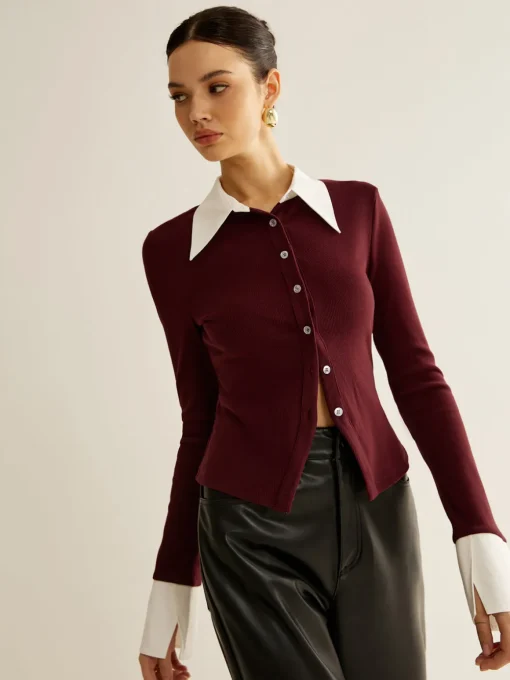 COMMENSE Blouses & Shirts|Tops^2 in 1 Contrast Binding Button Shirt Burgundy