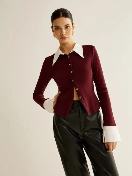COMMENSE Blouses & Shirts|Tops^2 in 1 Contrast Binding Button Shirt Burgundy