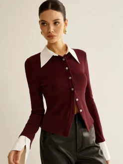 COMMENSE Blouses & Shirts|Tops^2 in 1 Contrast Binding Button Shirt Burgundy