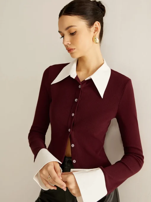 COMMENSE Blouses & Shirts|Tops^2 in 1 Contrast Binding Button Shirt Burgundy