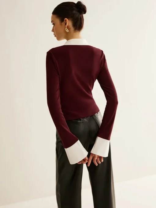 COMMENSE Blouses & Shirts|Tops^2 in 1 Contrast Binding Button Shirt Burgundy