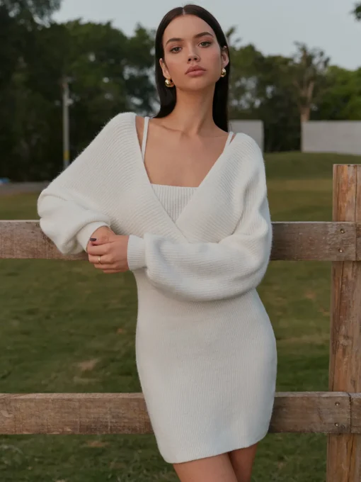 COMMENSE Knitwear|Dresses^2 in 1 Leg-Of-Mutton Sleeve Sweater Short Dress Off-White