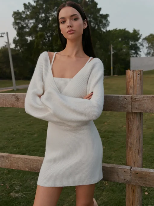 COMMENSE Knitwear|Dresses^2 in 1 Leg-Of-Mutton Sleeve Sweater Short Dress Off-White