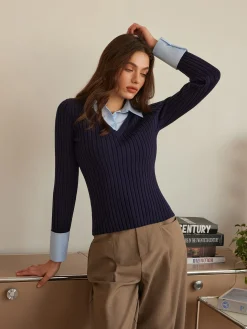 COMMENSE Sweater Tops|Sweaters & Cardigans^2 in 1 Slim Polo Sweater Navy