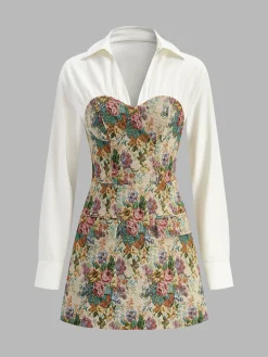 COMMENSE Dresses^2 in 1 Tweed Floral Zipper Polo Dress Multicolor