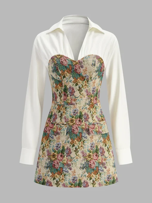 COMMENSE Dresses^2 in 1 Tweed Floral Zipper Polo Dress Multicolor