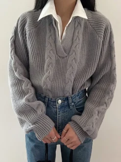 COMMENSE Sweater Tops|Sweaters & Cardigans^2 in 1 Twist Polo Sweater Grey