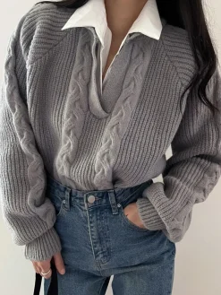 COMMENSE Sweater Tops|Sweaters & Cardigans^2 in 1 Twist Polo Sweater Grey