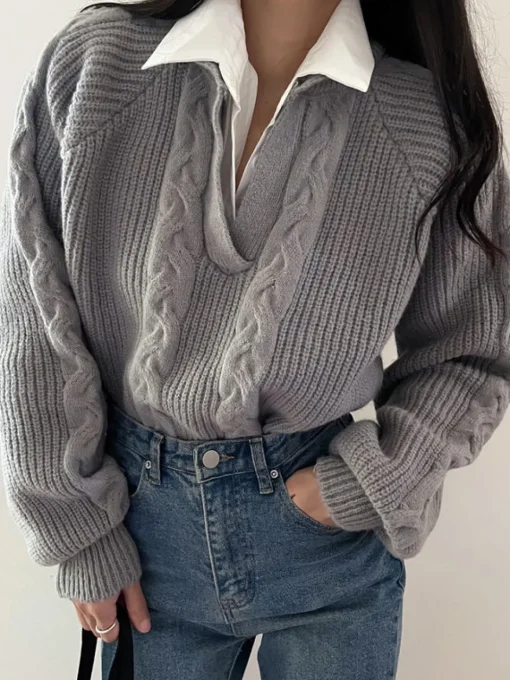 COMMENSE Sweater Tops|Sweaters & Cardigans^2 in 1 Twist Polo Sweater Grey