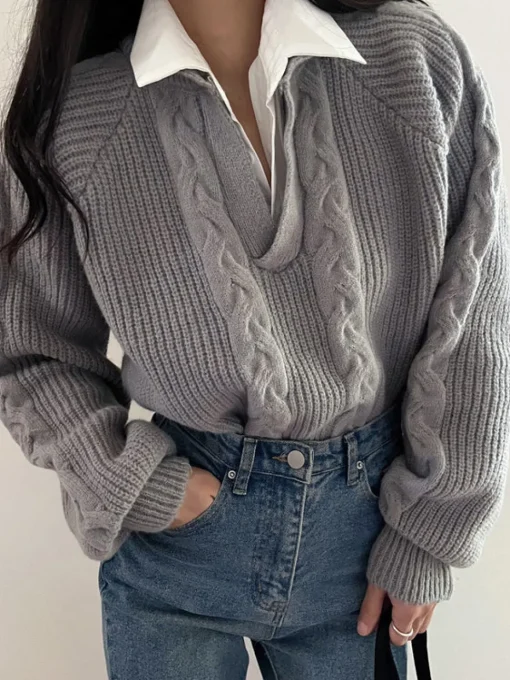 COMMENSE Sweater Tops|Sweaters & Cardigans^2 in 1 Twist Polo Sweater Grey