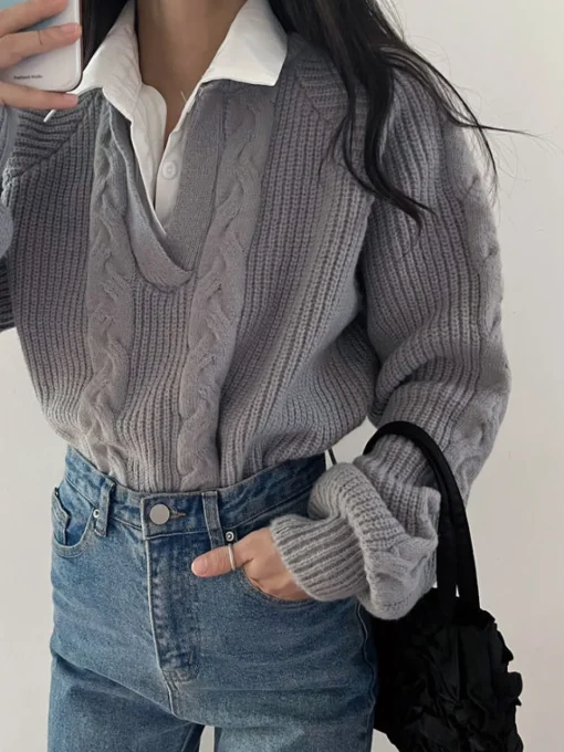 COMMENSE Sweater Tops|Sweaters & Cardigans^2 in 1 Twist Polo Sweater Grey