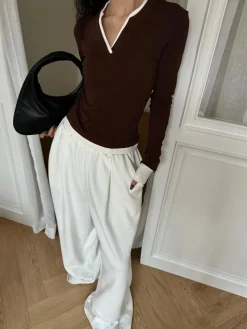 COMMENSE T-shirts|Tops^2 in 1  V-Neck Contrast Trim Jersey Top Brown