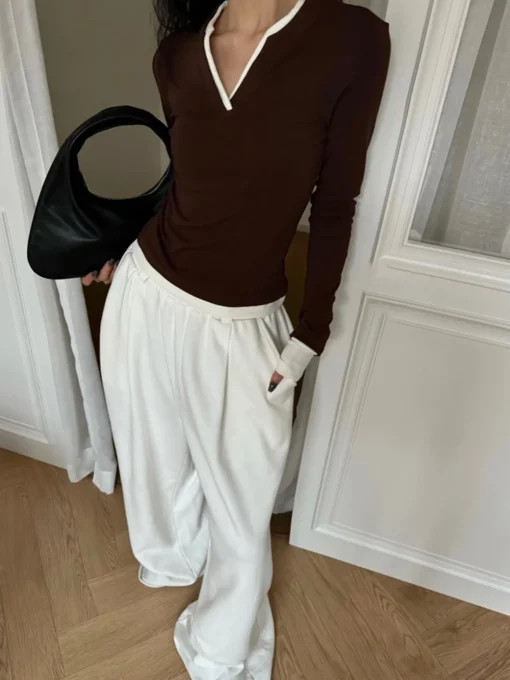 COMMENSE T-shirts|Tops^2 in 1  V-Neck Contrast Trim Jersey Top Brown