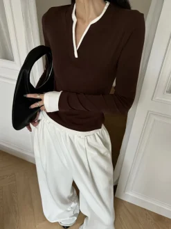 COMMENSE T-shirts|Tops^2 in 1  V-Neck Contrast Trim Jersey Top Brown