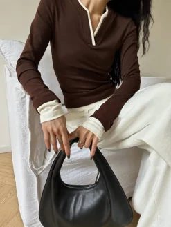 COMMENSE T-shirts|Tops^2 in 1  V-Neck Contrast Trim Jersey Top Brown
