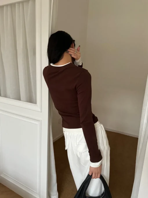 COMMENSE T-shirts|Tops^2 in 1  V-Neck Contrast Trim Jersey Top Brown