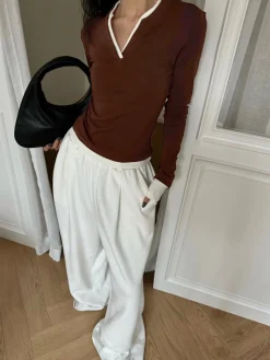 COMMENSE T-shirts|Tops^2 in 1  V-Neck Contrast Trim Jersey Top Brown