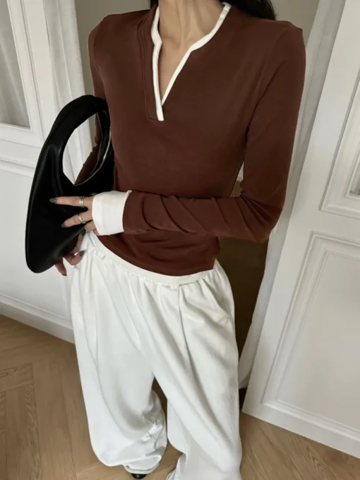 COMMENSE T-shirts|Tops^2 in 1  V-Neck Contrast Trim Jersey Top Brown