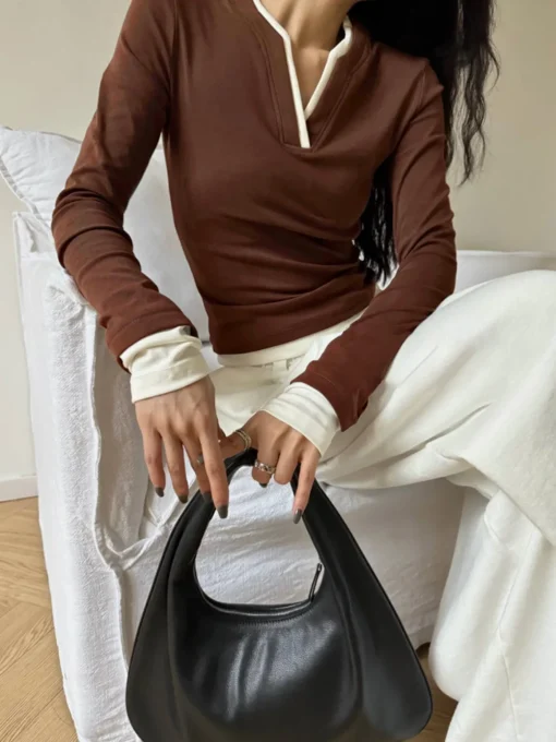 COMMENSE T-shirts|Tops^2 in 1  V-Neck Contrast Trim Jersey Top Brown