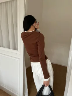 COMMENSE T-shirts|Tops^2 in 1  V-Neck Contrast Trim Jersey Top Brown
