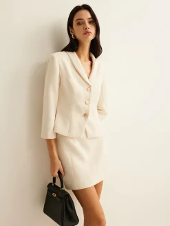 COMMENSE Outerwear|Blazers^3/4 Length Sleeve Tweed Blazer Off-White