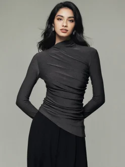 COMMENSE T-shirts|Tops^Asymmetric Collar Draped Long Sleeve Shirt Grey