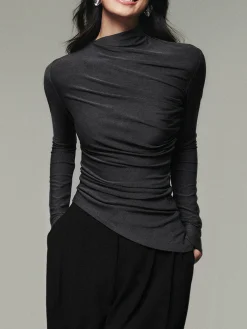 COMMENSE T-shirts|Tops^Asymmetric Collar Draped Long Sleeve Shirt Grey
