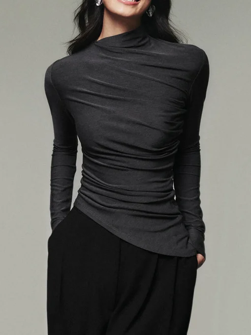 COMMENSE T-shirts|Tops^Asymmetric Collar Draped Long Sleeve Shirt Grey