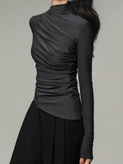 COMMENSE T-shirts|Tops^Asymmetric Collar Draped Long Sleeve Shirt Grey