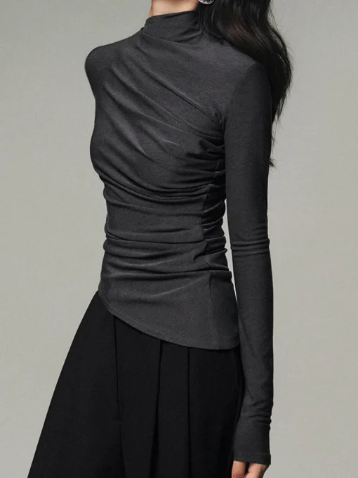 COMMENSE T-shirts|Tops^Asymmetric Collar Draped Long Sleeve Shirt Grey