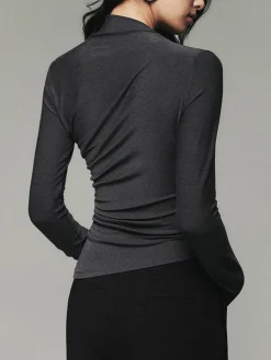 COMMENSE T-shirts|Tops^Asymmetric Collar Draped Long Sleeve Shirt Grey