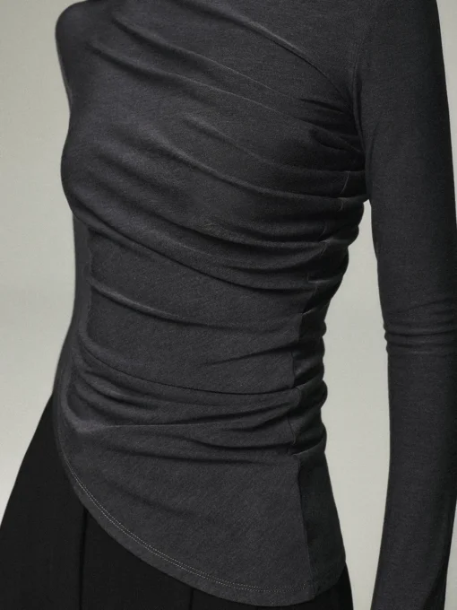 COMMENSE T-shirts|Tops^Asymmetric Collar Draped Long Sleeve Shirt Grey