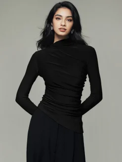 COMMENSE T-shirts|Tops^Asymmetric Collar Draped Long Sleeve Shirt Grey