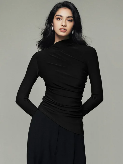 COMMENSE T-shirts|Tops^Asymmetric Collar Draped Long Sleeve Shirt Grey