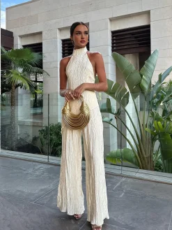 COMMENSE Pants Sets|Wide Leg^Asymmetric Halter Crop Top With Wide Leg Pants Set Champagne