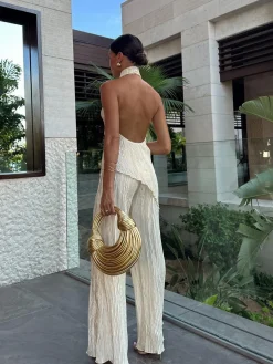 COMMENSE Pants Sets|Wide Leg^Asymmetric Halter Crop Top With Wide Leg Pants Set Champagne