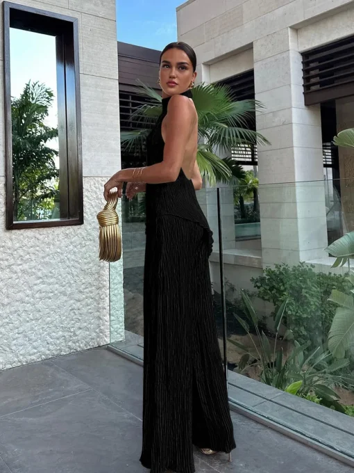 COMMENSE Pants Sets|Wide Leg^Asymmetric Halter Crop Top With Wide Leg Pants Set Champagne