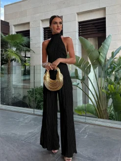 COMMENSE Pants Sets|Wide Leg^Asymmetric Halter Crop Top With Wide Leg Pants Set Champagne