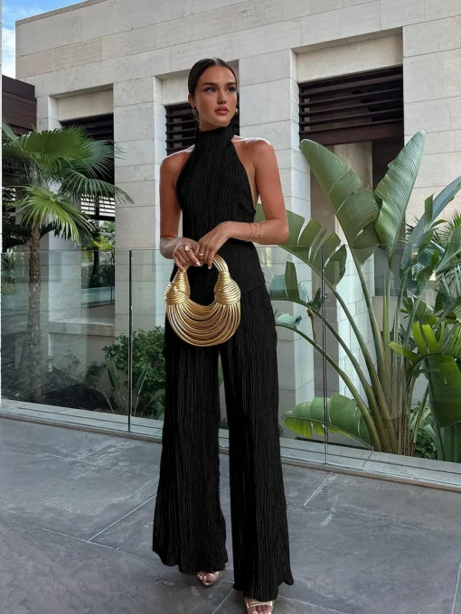 COMMENSE Pants Sets|Wide Leg^Asymmetric Halter Crop Top With Wide Leg Pants Set Champagne