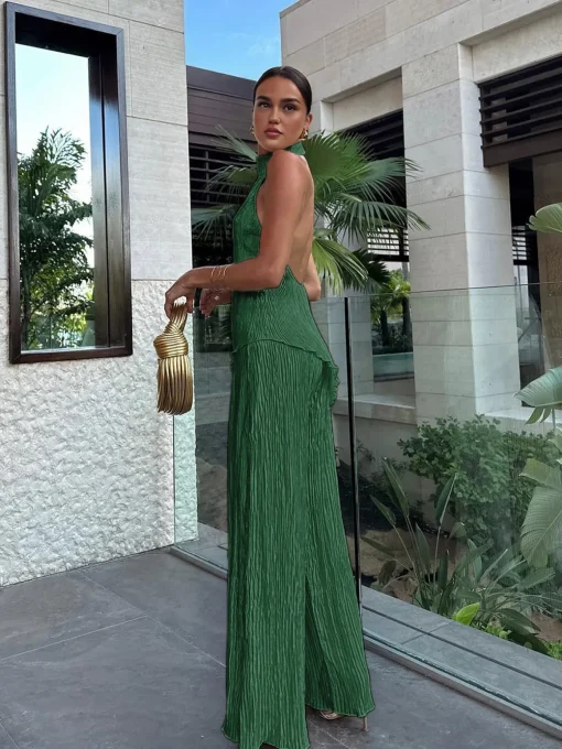 COMMENSE Pants Sets|Wide Leg^Asymmetric Halter Crop Top With Wide Leg Pants Set Champagne