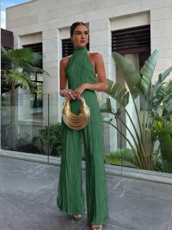 COMMENSE Pants Sets|Wide Leg^Asymmetric Halter Crop Top With Wide Leg Pants Set Champagne