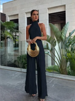 COMMENSE Pants Sets|Wide Leg^Asymmetric Halter Crop Top With Wide Leg Pants Set Champagne