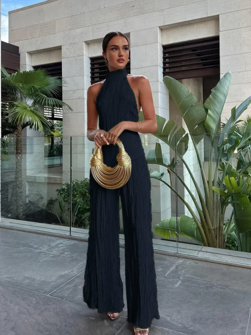 COMMENSE Pants Sets|Wide Leg^Asymmetric Halter Crop Top With Wide Leg Pants Set Champagne