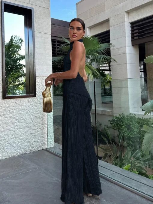 COMMENSE Pants Sets|Wide Leg^Asymmetric Halter Crop Top With Wide Leg Pants Set Champagne