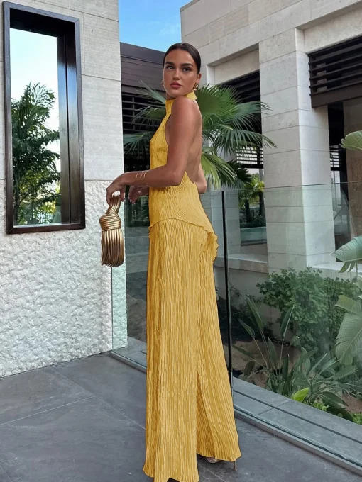 COMMENSE Pants Sets|Wide Leg^Asymmetric Halter Crop Top With Wide Leg Pants Set Champagne