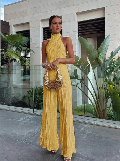 COMMENSE Pants Sets|Wide Leg^Asymmetric Halter Crop Top With Wide Leg Pants Set Champagne