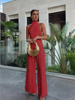 COMMENSE Pants Sets|Wide Leg^Asymmetric Halter Crop Top With Wide Leg Pants Set Champagne